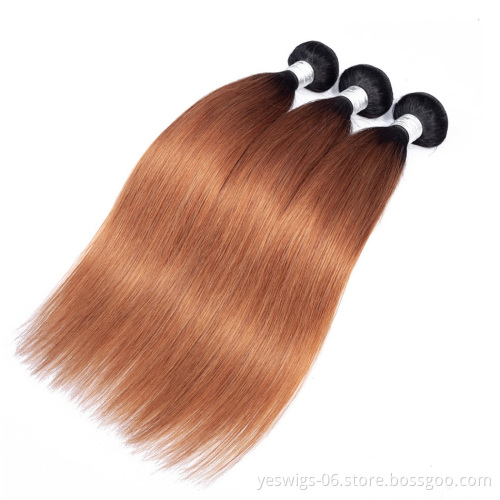 Full Cuticle Aligned Silky 1b/30 Ombre Bundles with Closure Straight Brazilian Hair Bundles 100% Virgin Human Hair Extensions